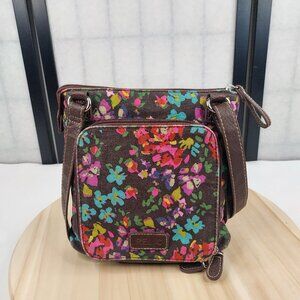 Relic Crossbody Purse Canvas & Faux Leather Trim Brown Floral & Stripes Small
